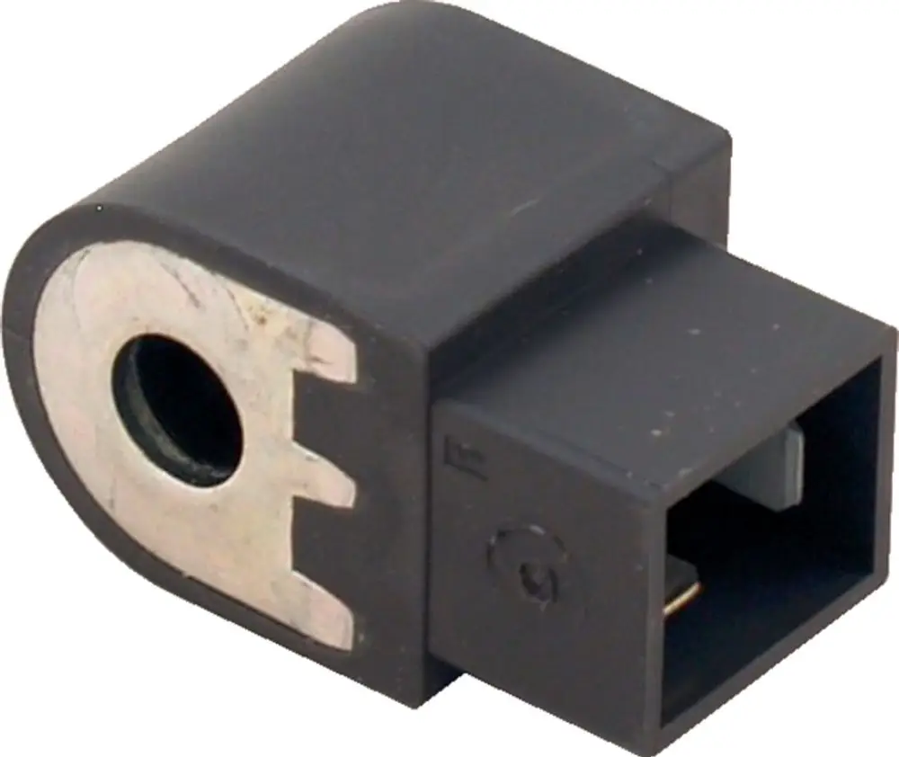 Magnetventilspule in Schwarz mit metallischem Anschluss und rechteckiger Form, geeignet für Anwendungen wie die Ölversorgung, Marke Wolf.